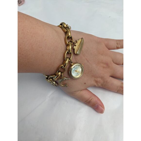 Anne Klein Charm Watch Gold Tone Chain Bracelet 7in Working - Picture 1 of 8